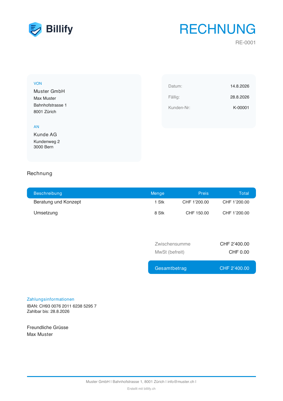 Beispiel einer mit Billify erstellten QR-Rechnung: Seite 1 mit Absender, Empfänger, Positionen und MWST