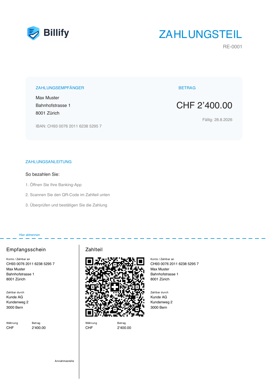 Beispiel des Schweizer QR-Zahlteils mit Swiss QR Code, Empfangsschein und Zahlteil nach ISO 20022